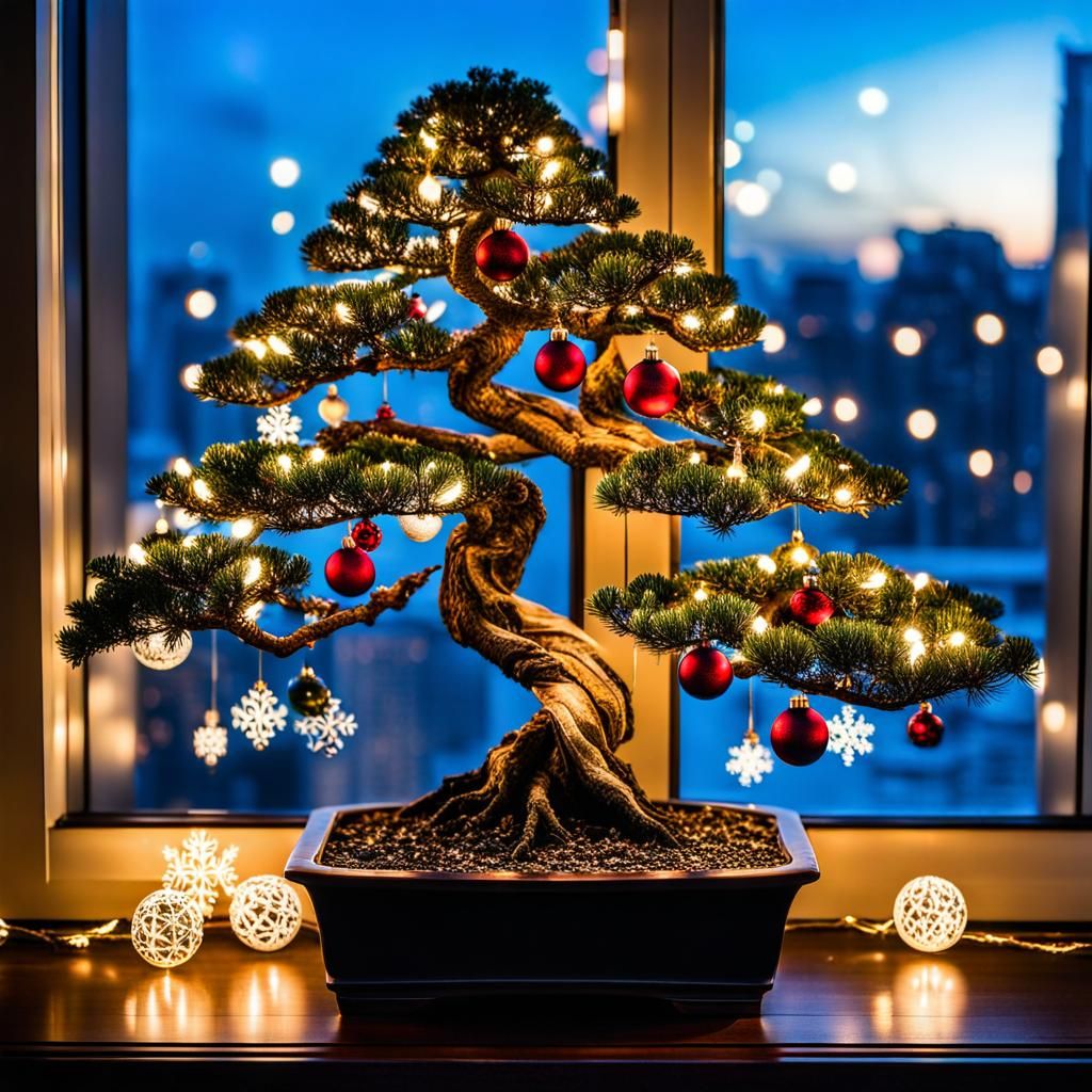 Christmas Bonsai Tree with Ornaments and Lights