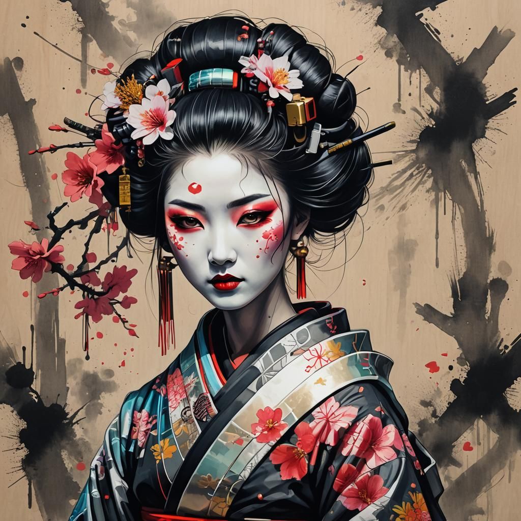 Cyberpunk Geisha Portrait with Floral Headdress