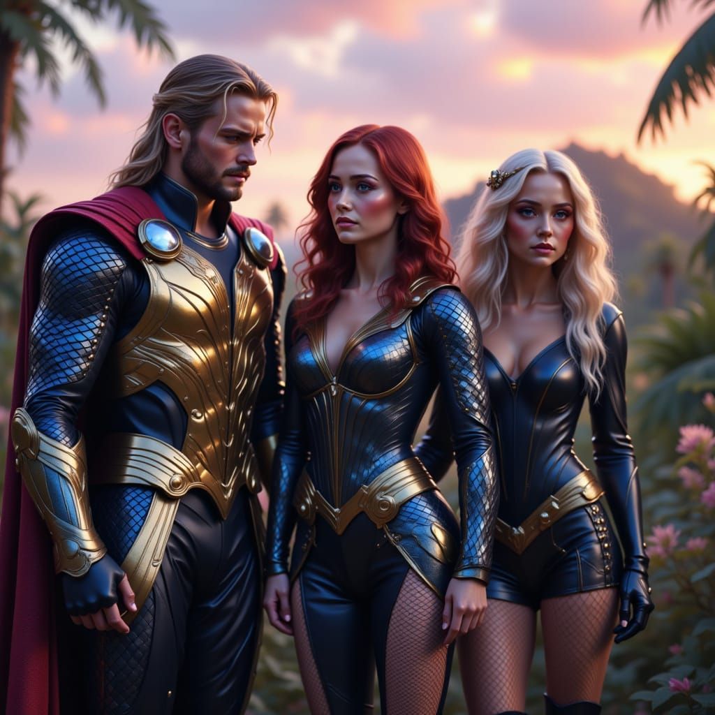 Thor, Black Widow, and Black Canary in Paradise at Twilight