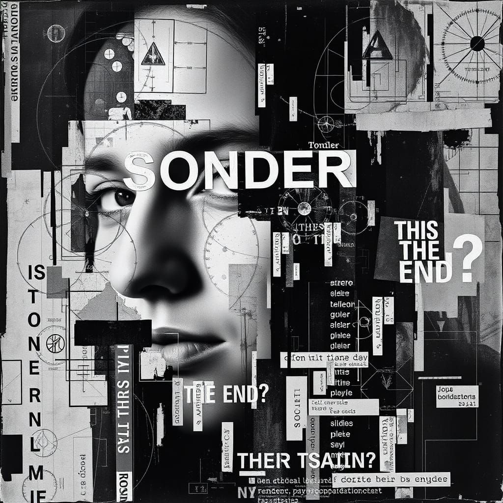 Grungy Collage with Distorted Face and Fragmented Text