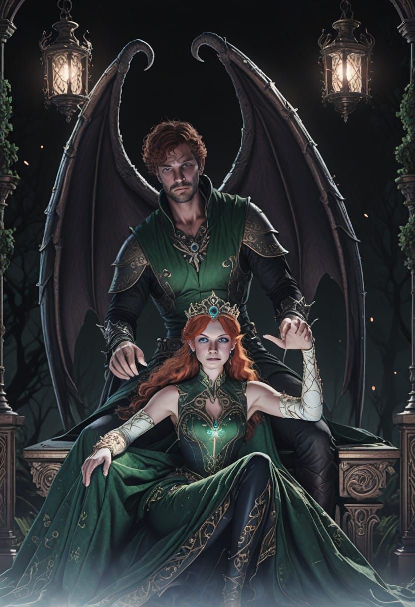 Regal Elf Princess in Exquisite Golden Gown, Beside Chiseled...