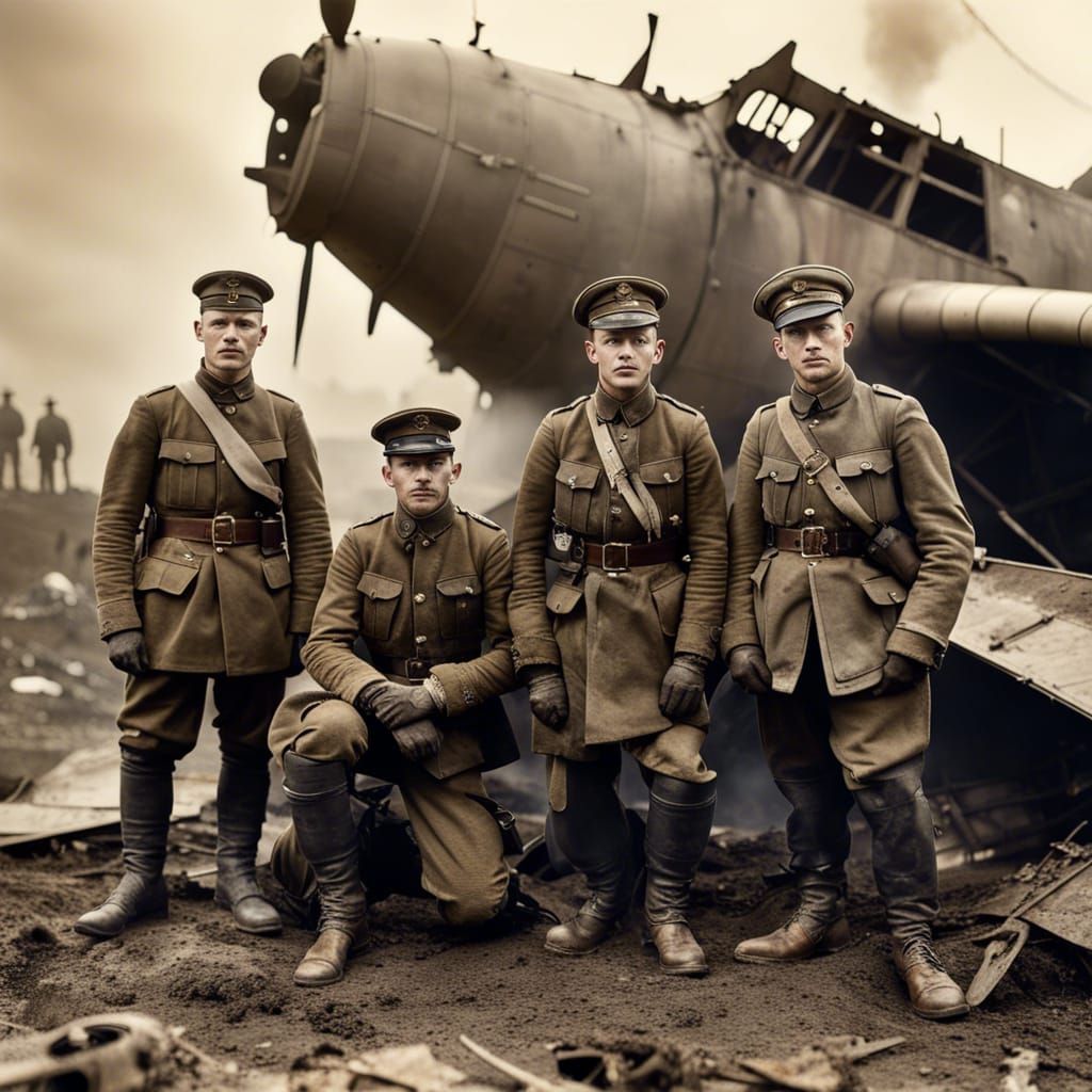 WW1 German Soldiers Posing by Wreckage in Photo