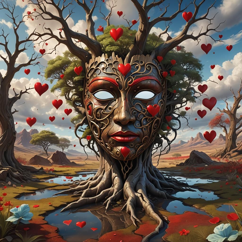Surreal Mask and Tree in Dreamlike Landscape