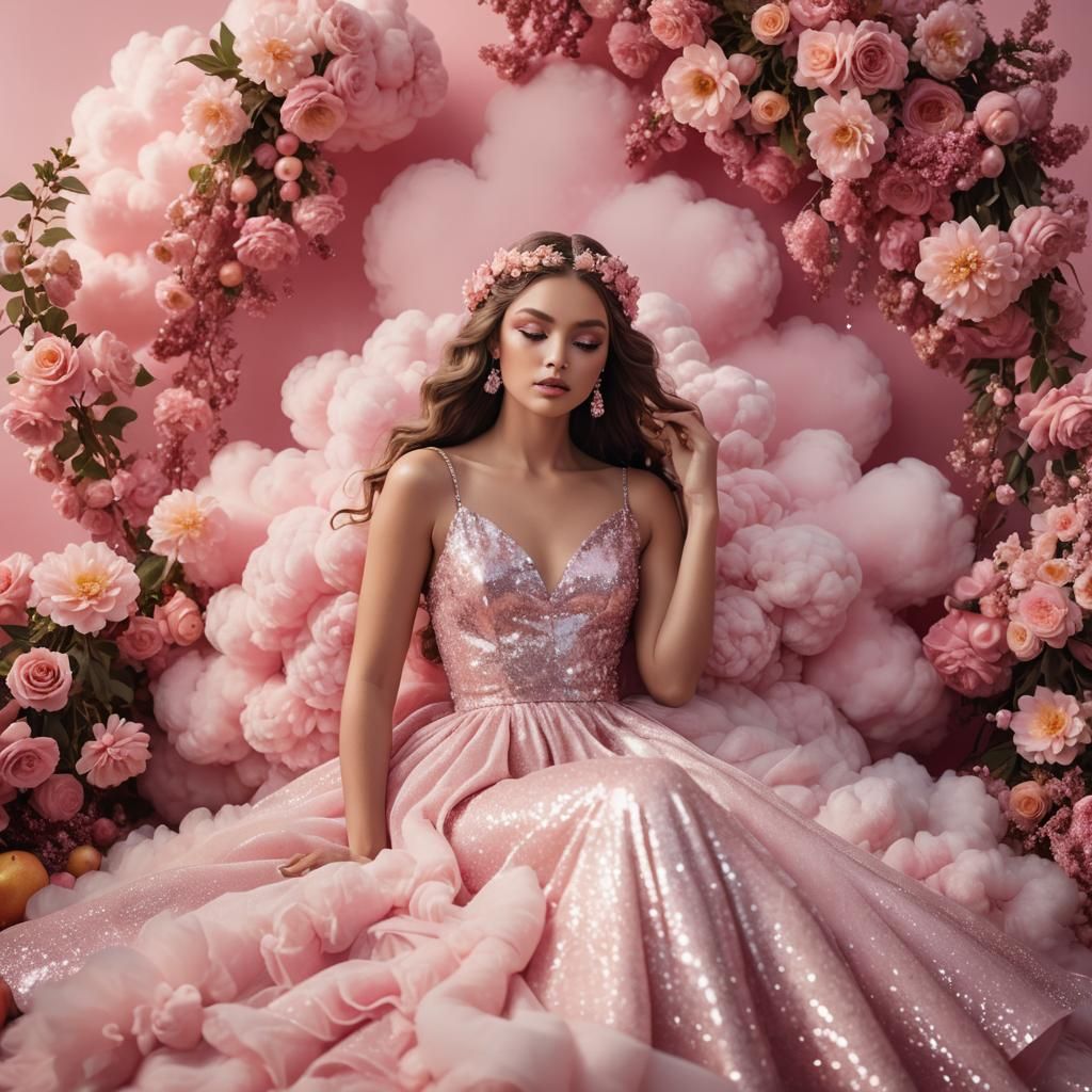 Goddess in Pink Glitter Dress on Cloud