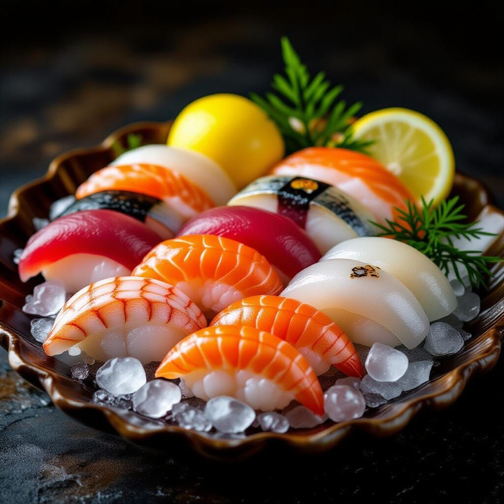 Hyperrealistic Sashimi Still Life with Neon Lighting