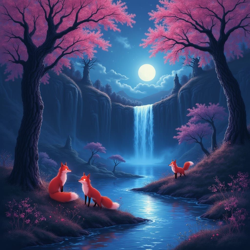 Mystical Night Landscape with Pink Trees and Foxes