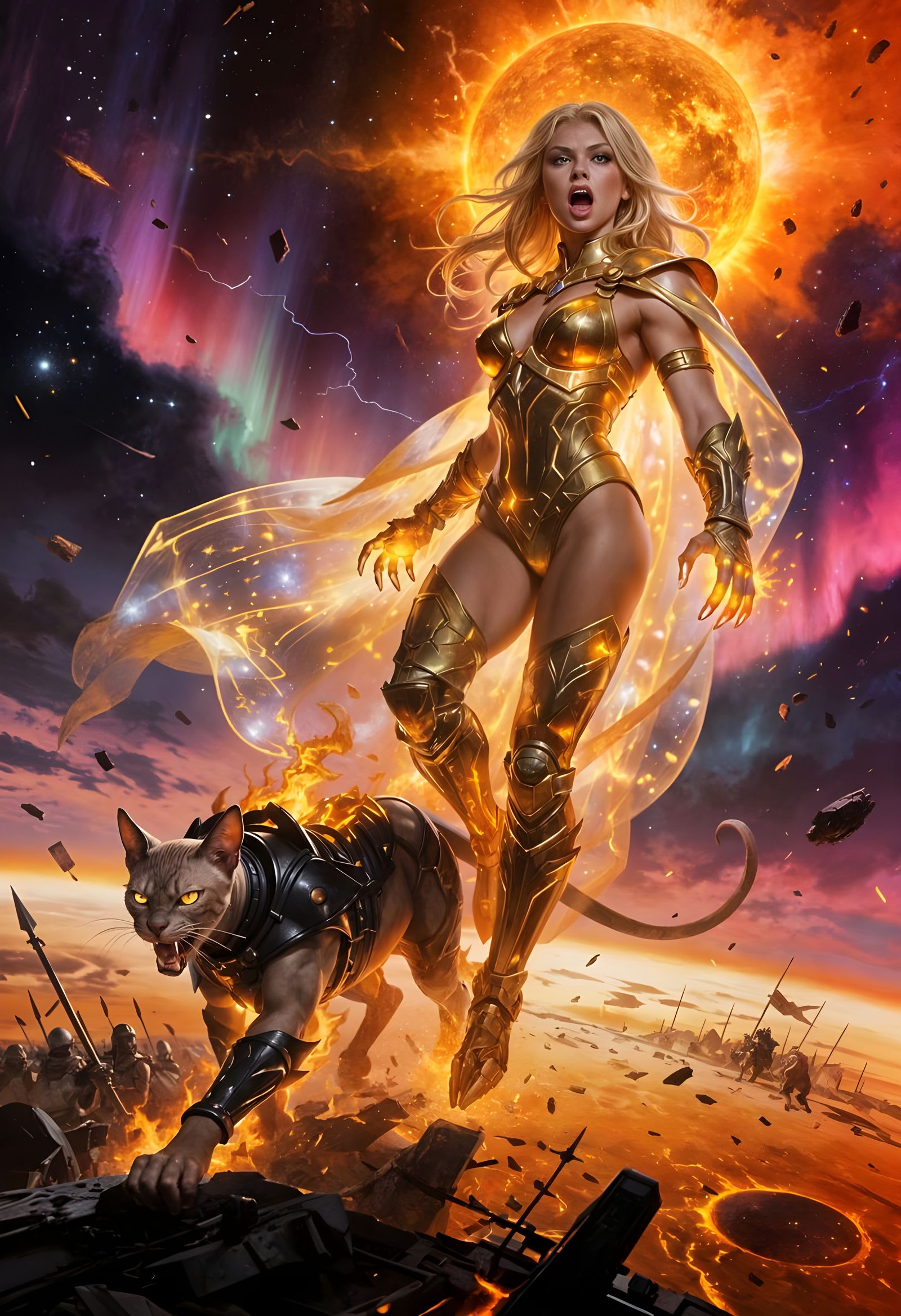 Fierce Warrior Descends Solar Storm with Obsidian Cat