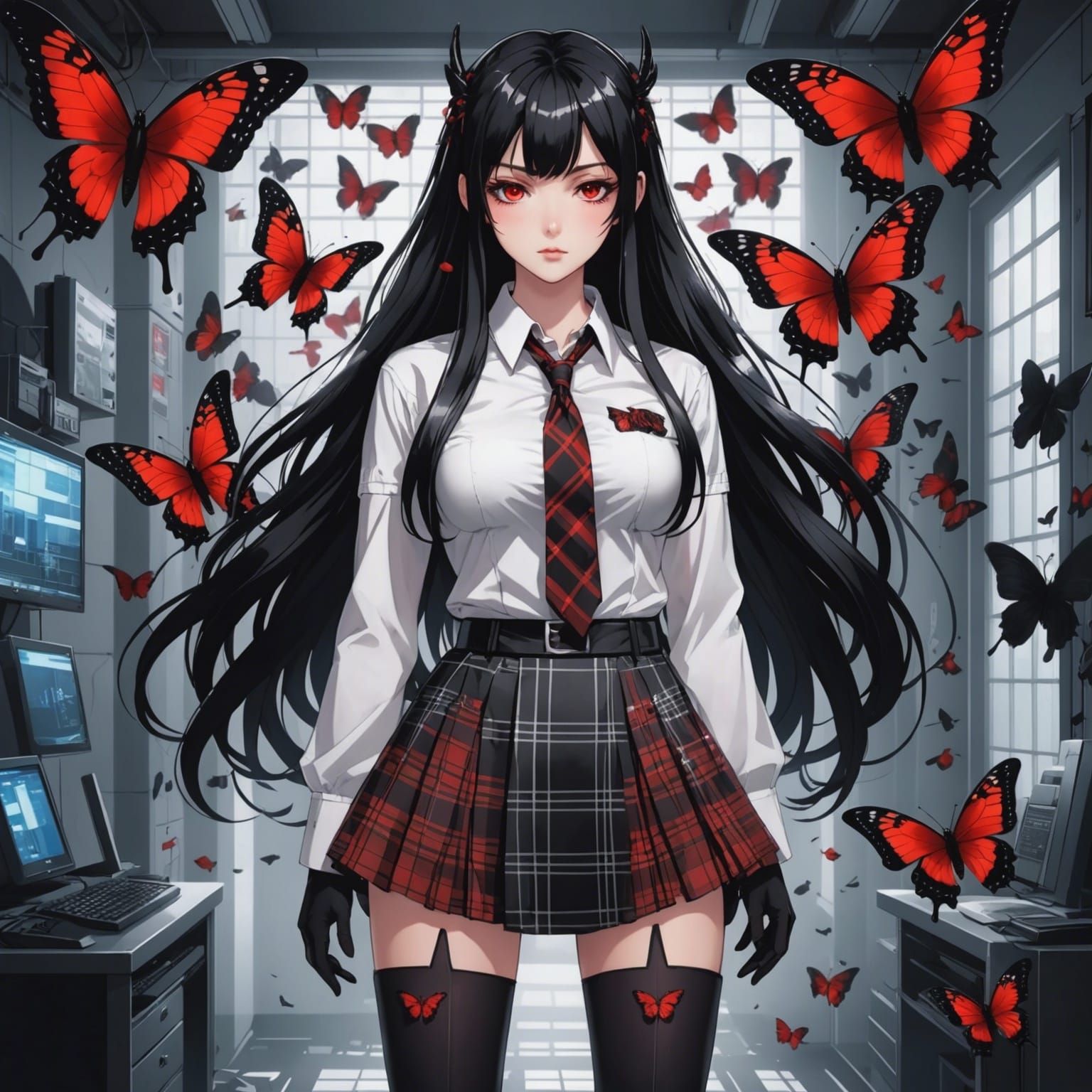 Anime Waifu in Cyberpunk Butterfly Room