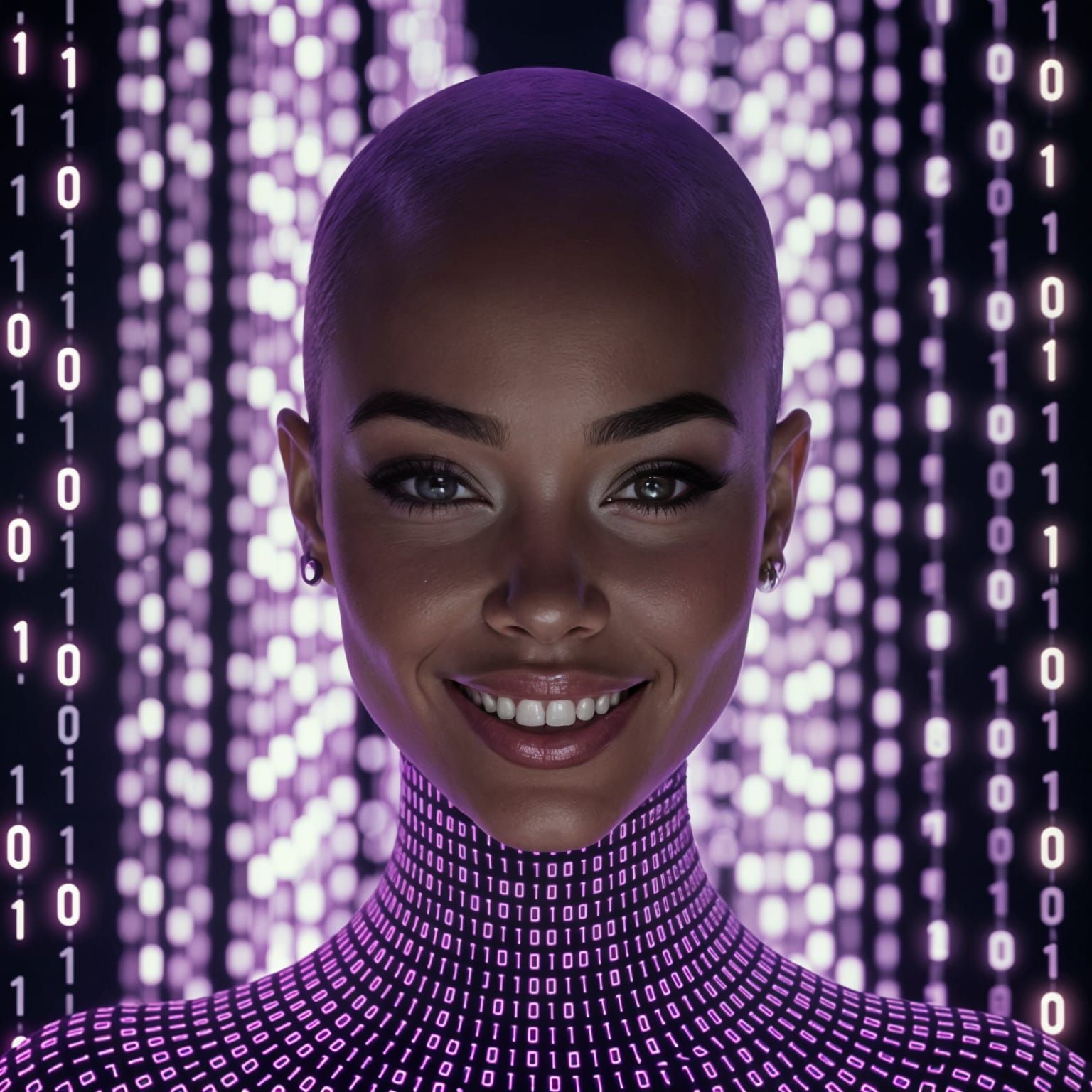 Futuristic Binary Code Portrait of a Bald Woman