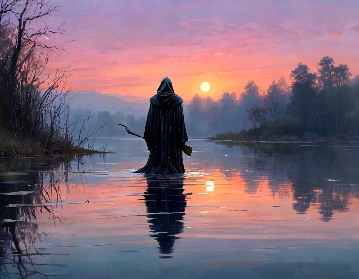 Grim Reaper Glides on Lake Under Crescent Moon