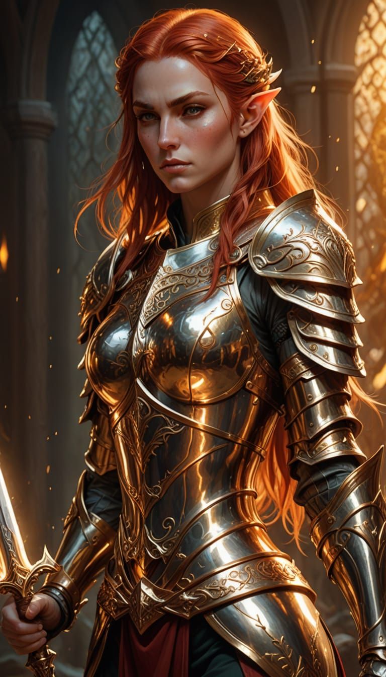 Female Elf Fighter-Cleric in Shiny Armor Digital Art