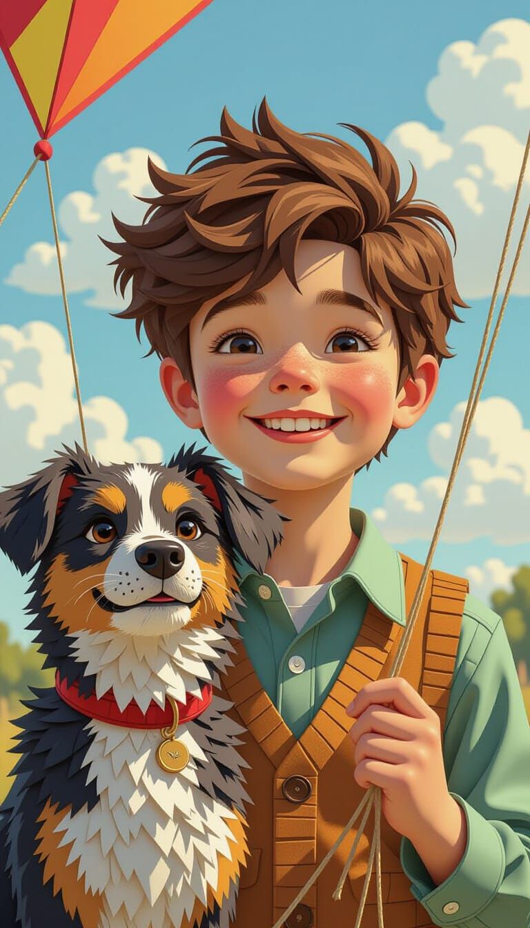 Boy and Dog Portrait in Paper Cut Collage Style