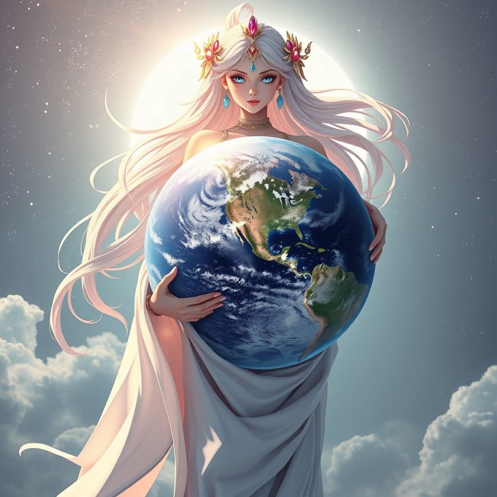Stellar Giant Woman Holds Earth in 3D Anime Style