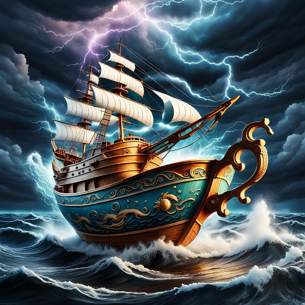 Galleon Ship in Teacup: Surreal Cosmic Illustration