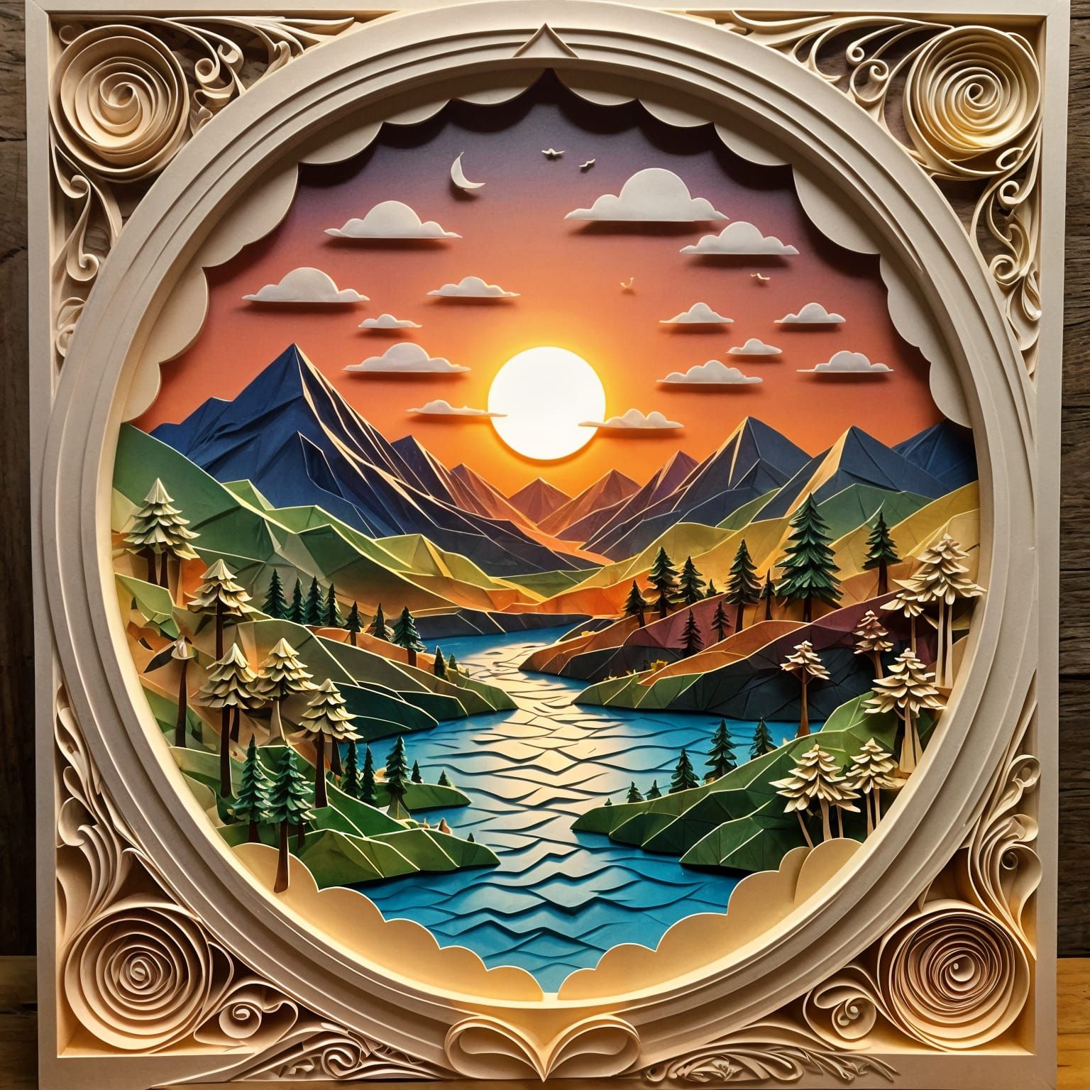 Kirigami Sunset Masterpiece in Folded Paper Beauty