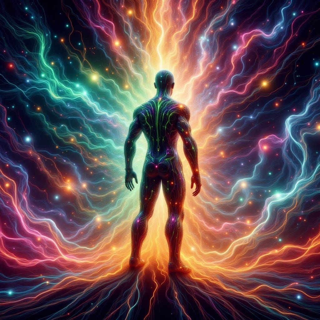 Neon Figure Against Swirling Cosmic Energy