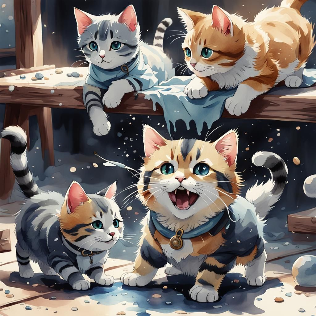 Happy Cats Playing: Watercolor Anime Art