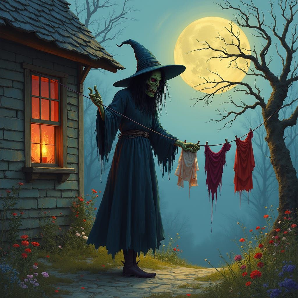 Sinister Witch Hangs Laundry Outside Colorful Candy House
