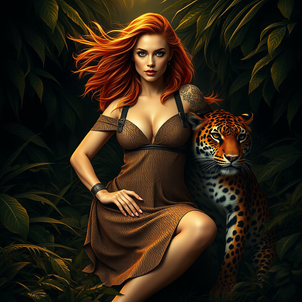 Ginger Woman with Leopard in Jungle Setting