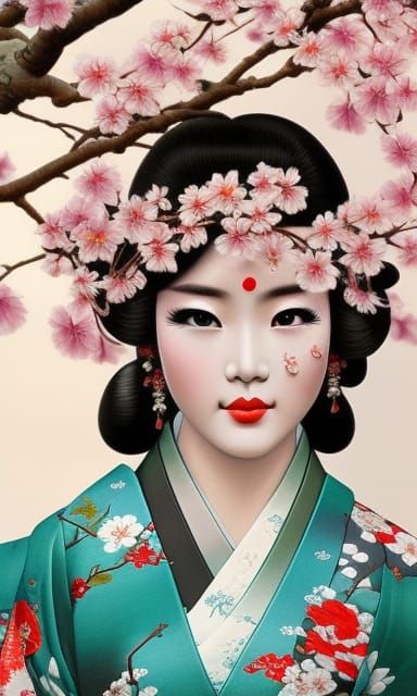 Japanese Woman in Kimono by Cherry Tree, Detailed Portrait