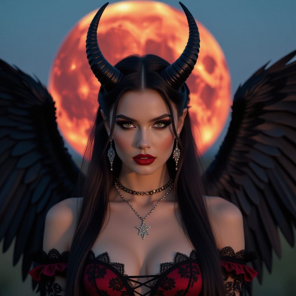 Goddess with Black Wings and Blood Moon