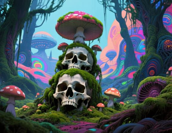 Surreal Skulls in Overgrown Forest, Moebius Style