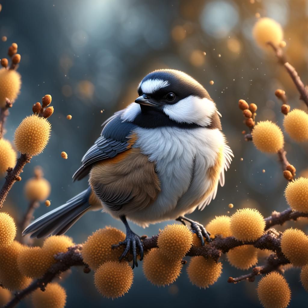 Fuzzy Chickadee on Catkin Bush: Detailed Matte Painting