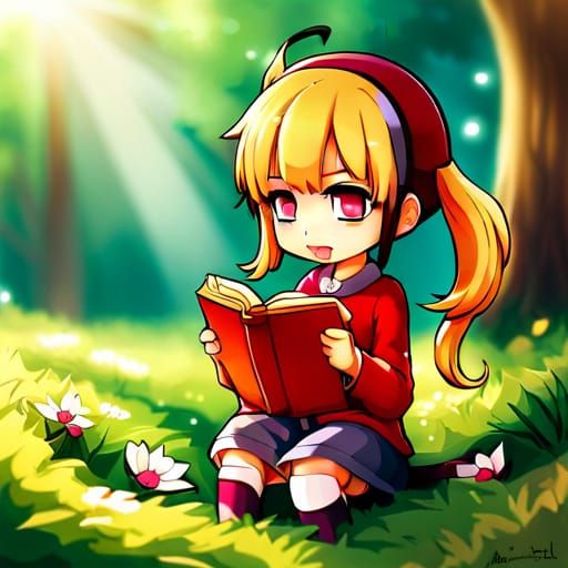 Chibi Praying in Garden, Anime Manga Style
