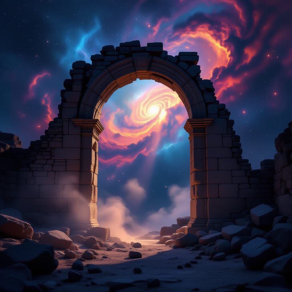 Ancient Archway Against Cosmic Nebula