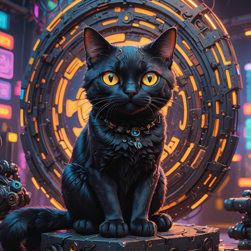 Large-Eyed Black Cat in Cyberpunk 3D Rendering