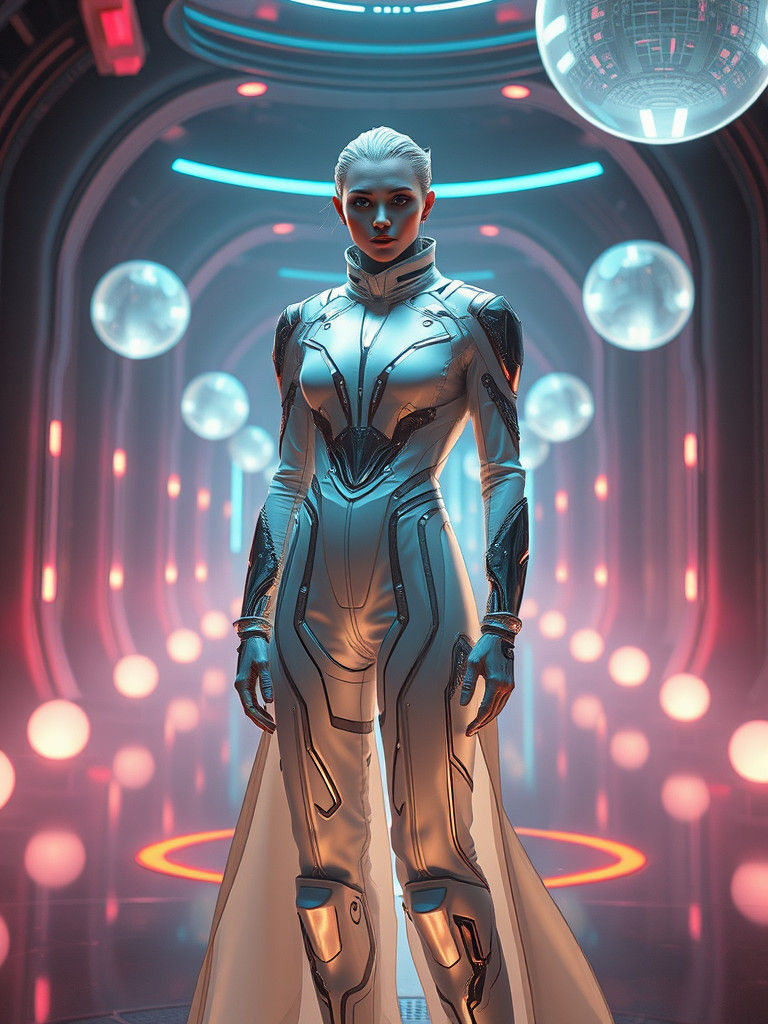 Futuristic Empath in Neon Chamber, Industrial Futurism Style