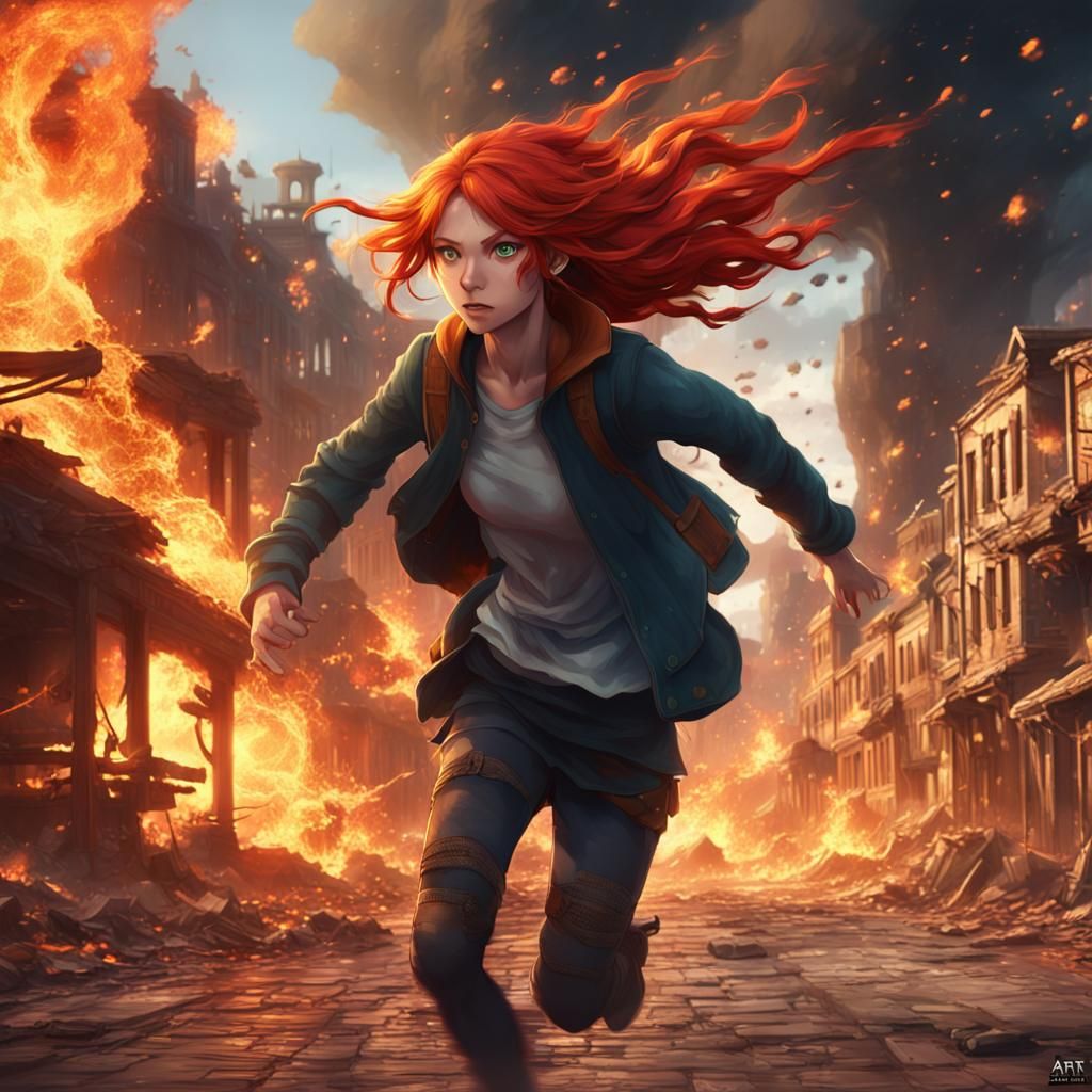 Anime Girl Escaping Burning Town: Detailed Matte Painting