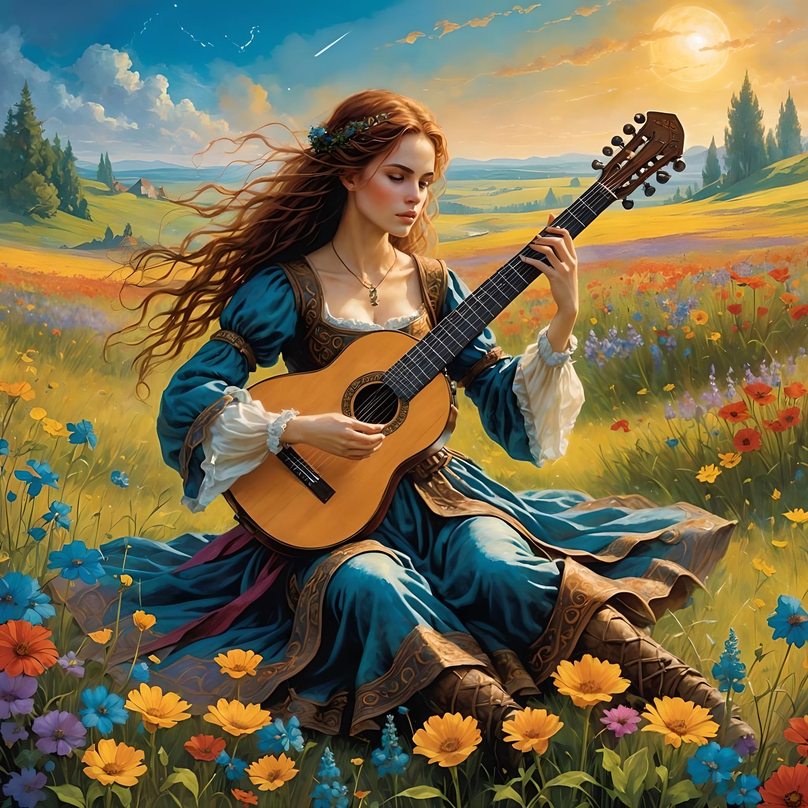 Female Bard Plays Lute in Colorful Comic Book Style