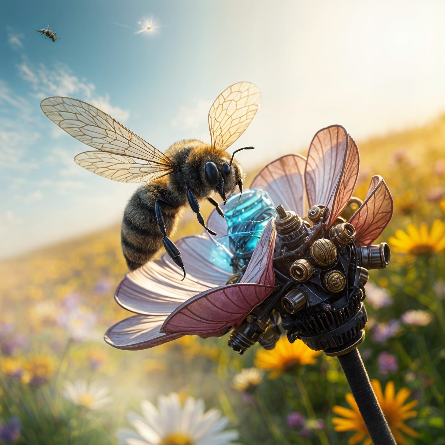 Steampunk Bee Approaches an Electric Bio-Mechanical Flower i...