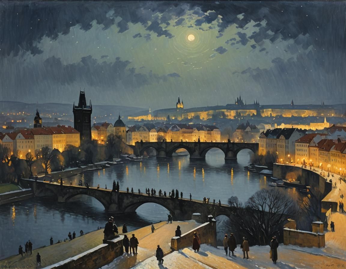 Prague Charles Bridge Nocturne in Impressionist Style