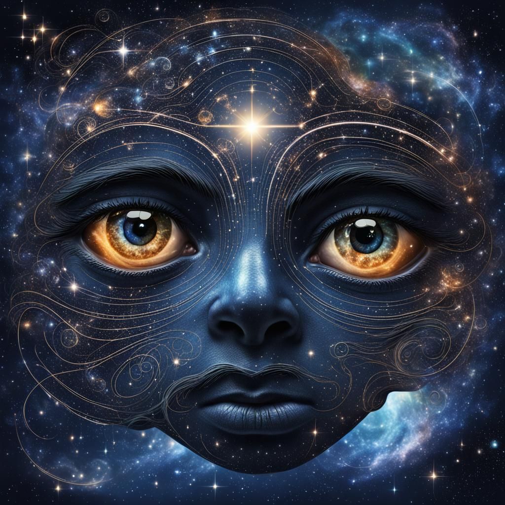 Cosmic Face Constellation with Swirling Galaxy Eyes