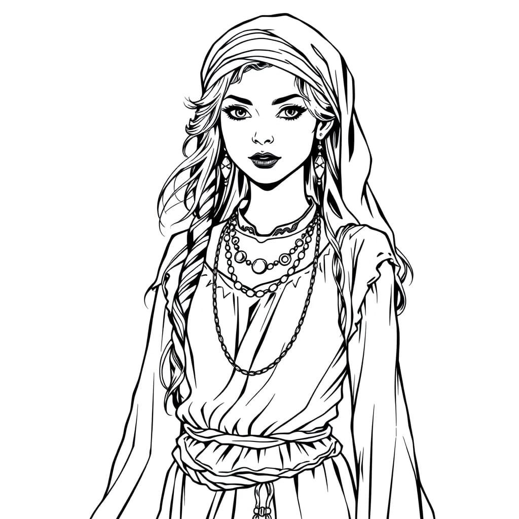 Vintage Gypsy Girl Portrait in Comic Line Art