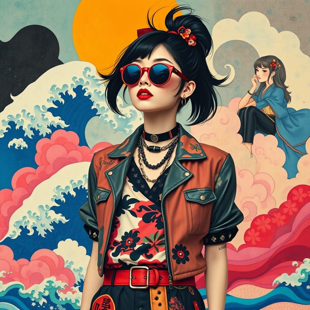 Japanese Woman in Punk Attire with Abstract Shapes