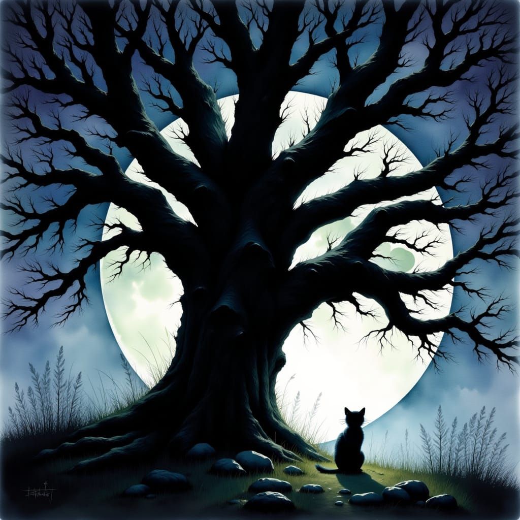 Moonlit Oak with Black Cat in Gothic Horror Style