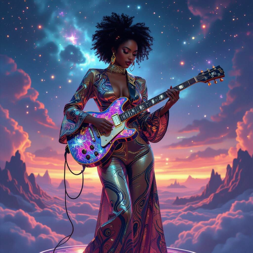 Afro-Latina Musician in Ethereal Landscape