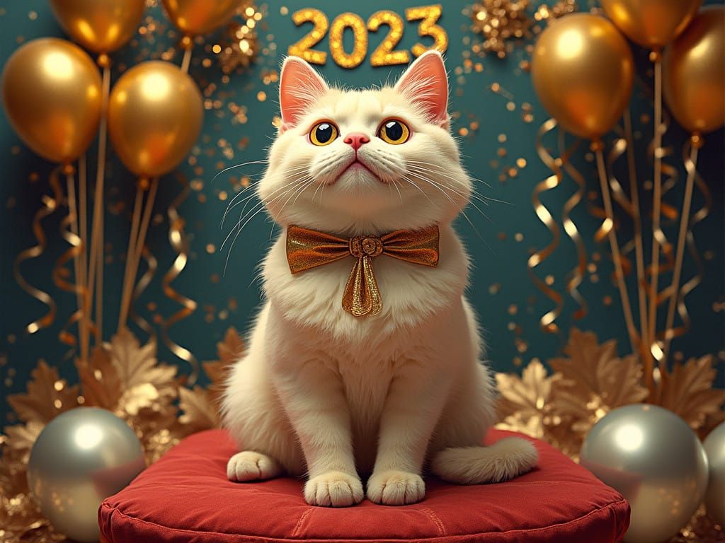 Happy Cat in Vibrant New Year's Eve Celebration