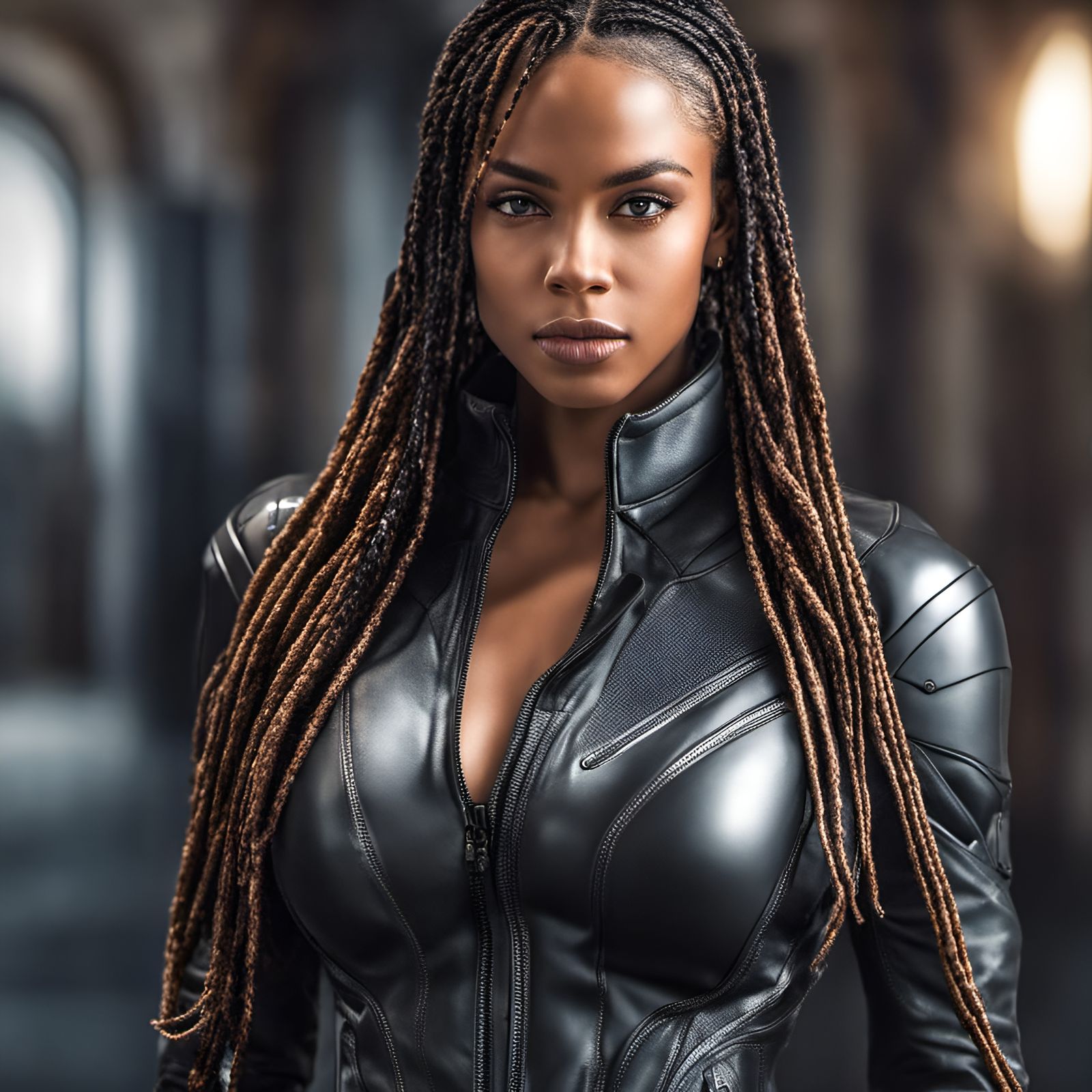 Dominican Female Hero in Stealth Suit, Hyperrealistic