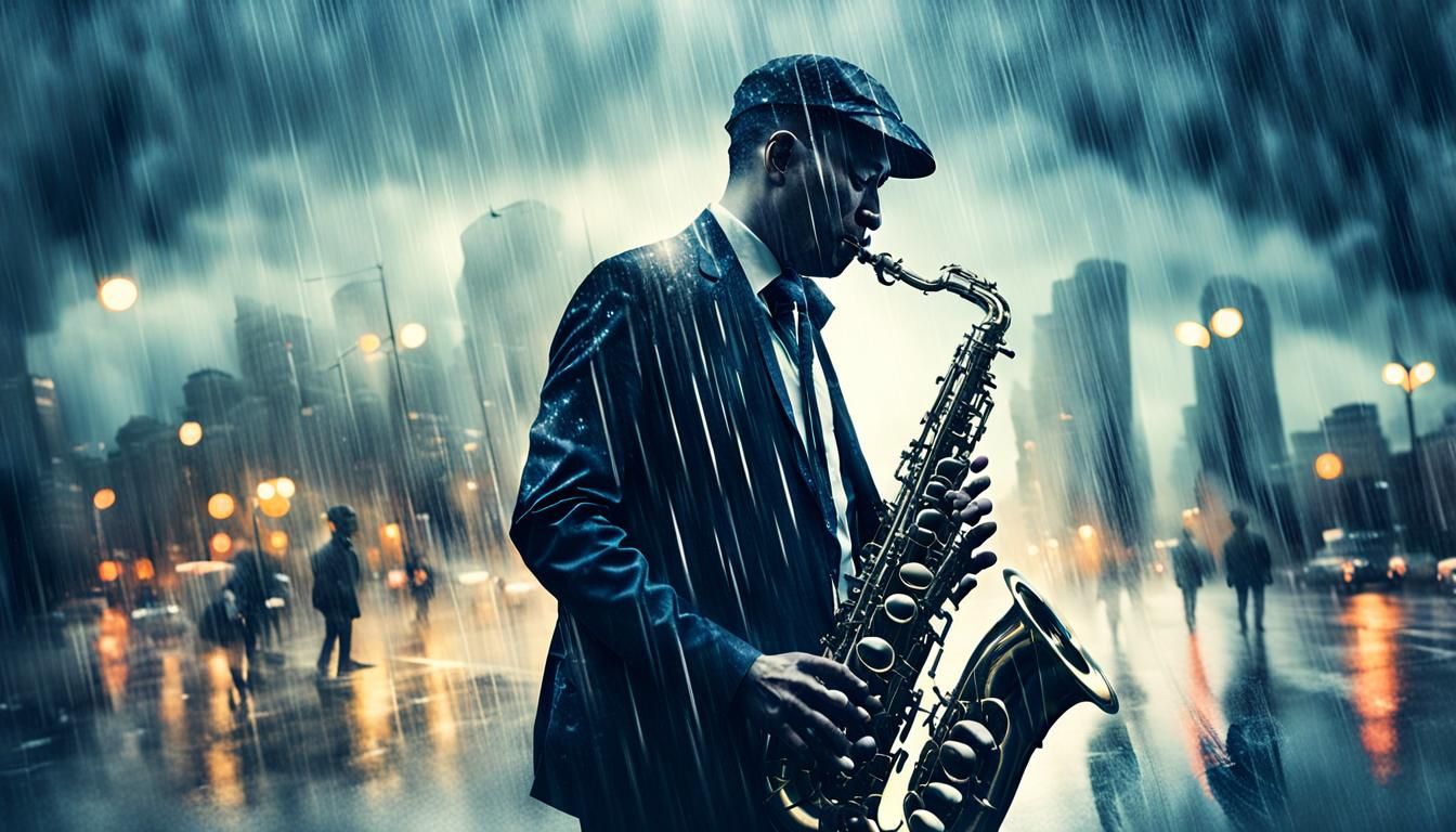Double Exposure: Saxophone Player in Rainy City