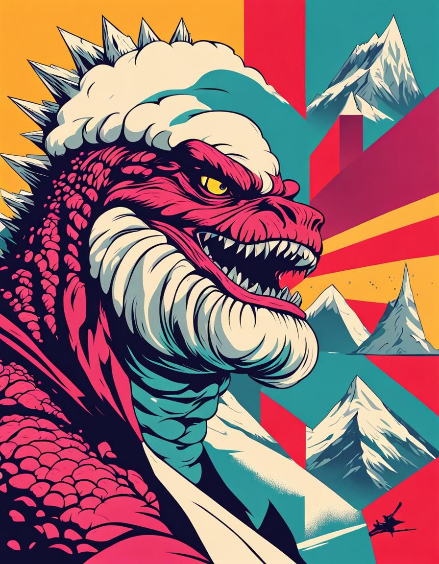 Godzilla Attacks Santa Claus in Pop Art Style