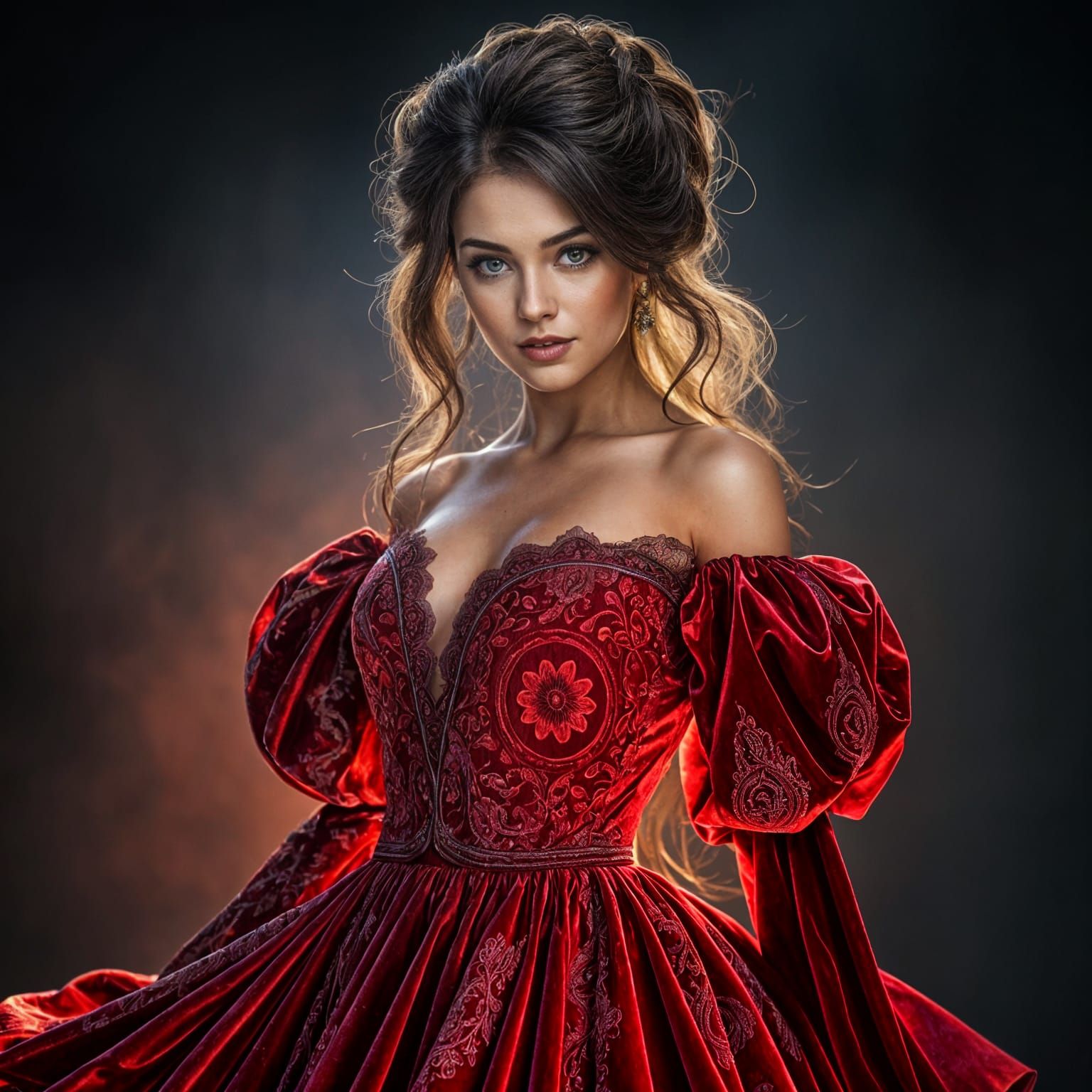 Exquisite Woman in Vibrant Velvet Gown