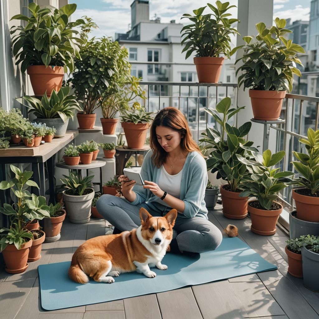 Woman and Corgi Doing Yoga on Balcony