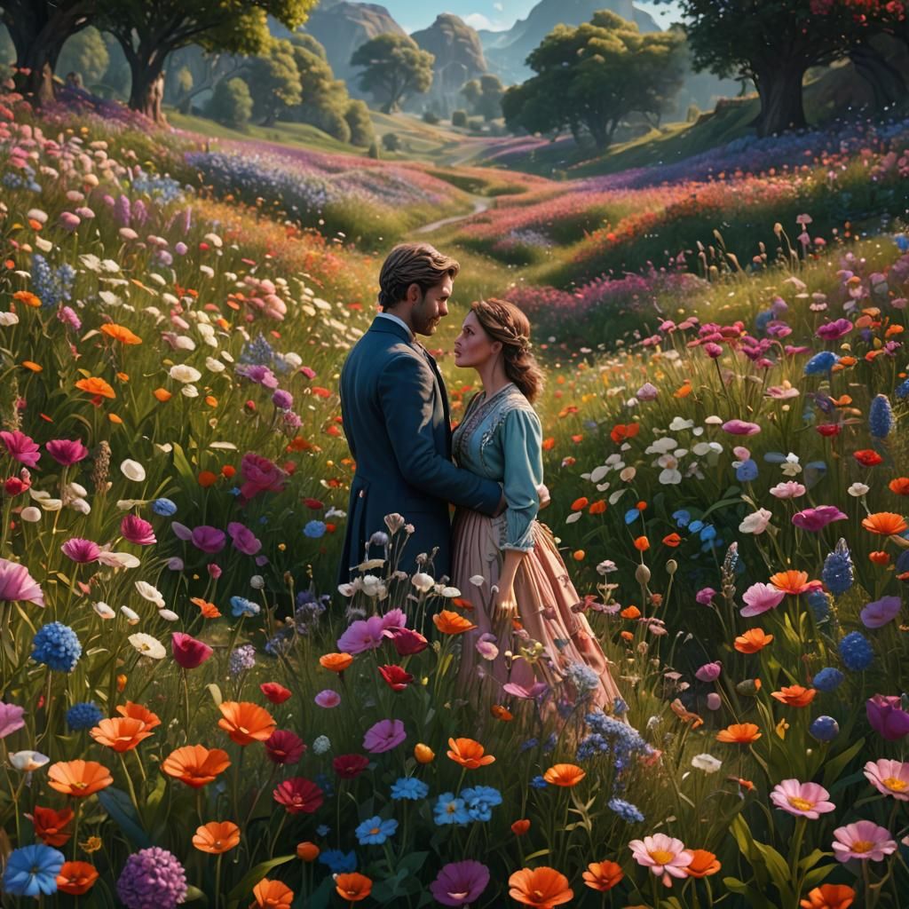 Romantic Couple in Flower Field: Detailed Matte Painting