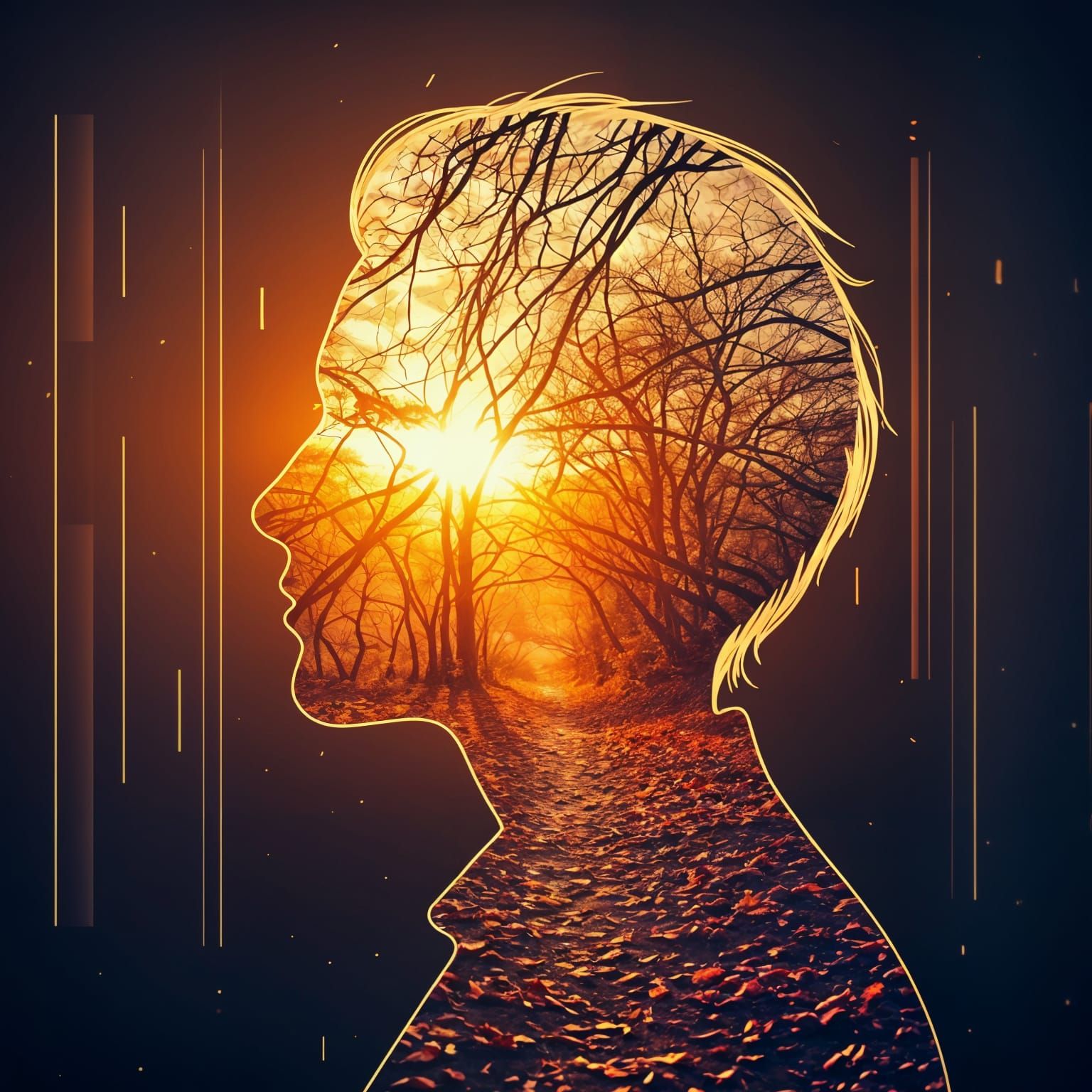 Glitchcore Autumn Silhouette with Double Exposure