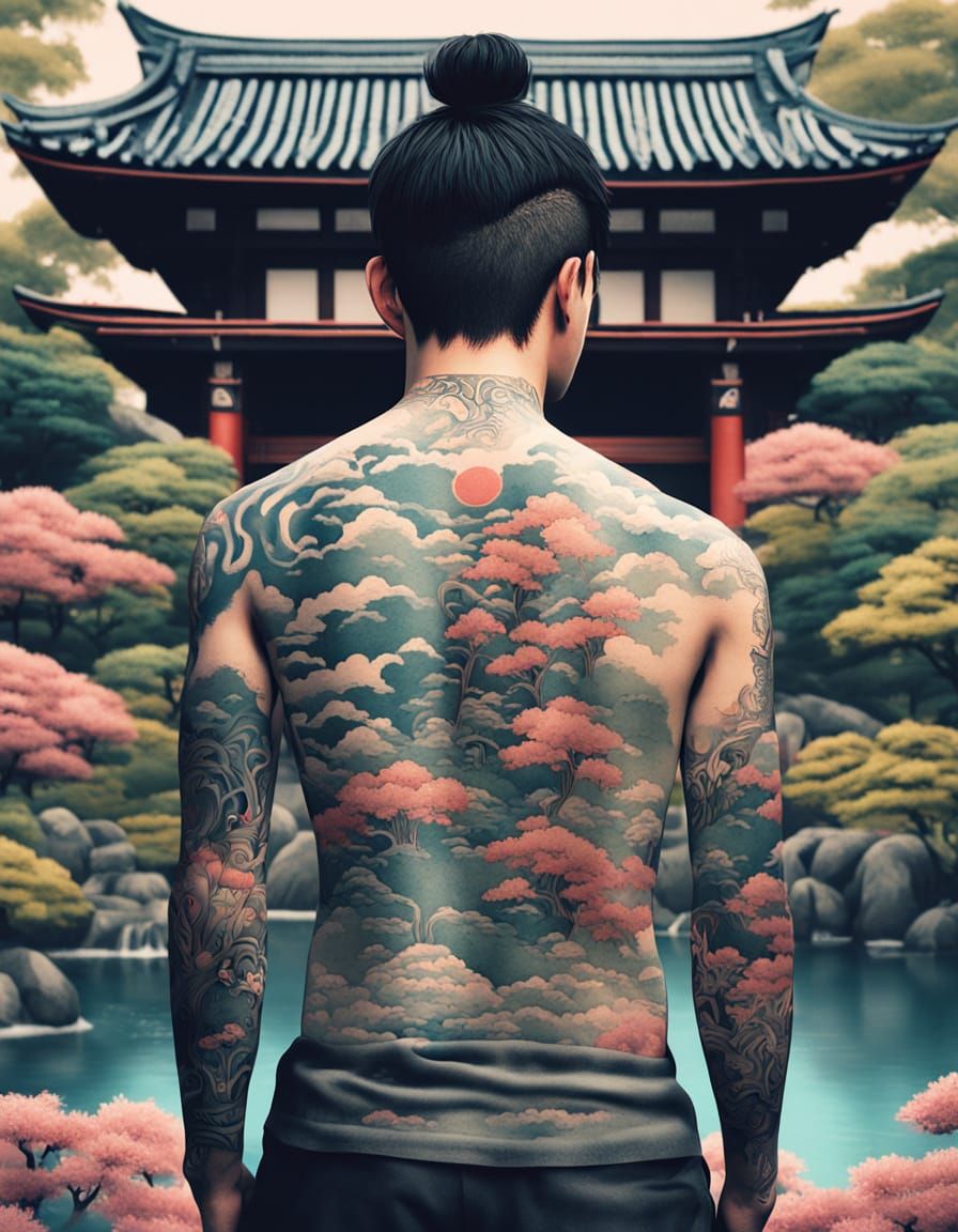 Japanese Tattoo Art in Tranquil Garden Setting