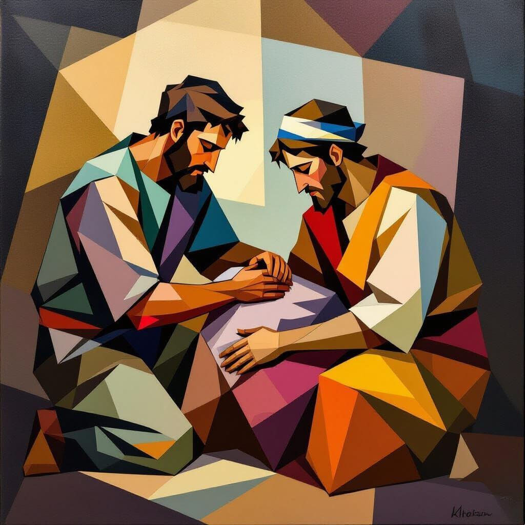 Cubist Samaritan Aids Injured Person with Chiaroscuro
